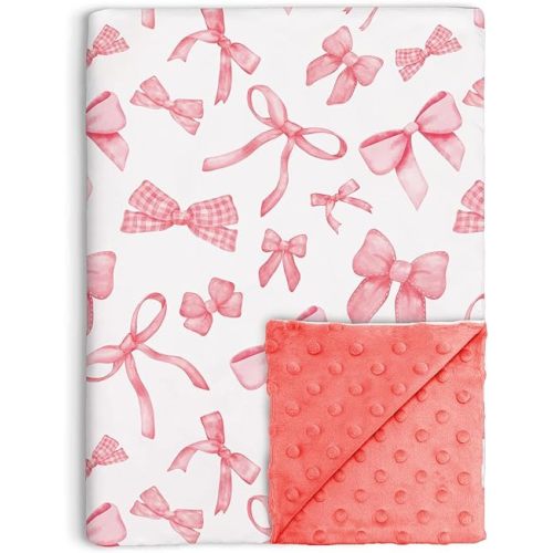 Pink Bow Baby Blanket for Girls, Cute Bowknot Soft Double Layer Minky with Dotted Backing, for Infant Newborn Nursery Baby Crib Receiving Blanket Bows Newborn, 30"x40"