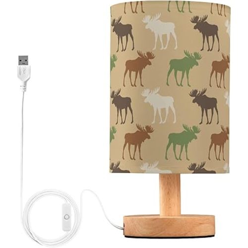 Table Lamp Elk Moose Deer Pattern Nightstand Lamp with Wood Base Fabric Lamp Shade Bedside Desk Lamp for Living Room Bedroom Kids Room Office
