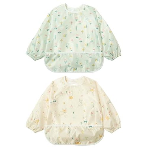 Little Dimsum Long Sleeve Bib for Baby Infant Toddler 6-36 Months | Waterproof Smock Bib for Eating,Mess-Proof Feeding Bibs,Catching Food & Wipe Clean| Pack of 2 Colors