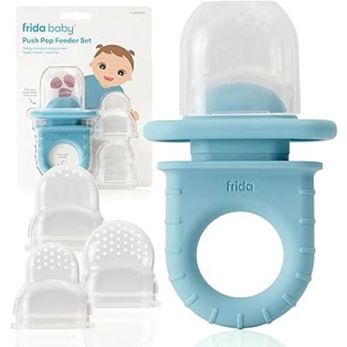 Frida Baby Push Pop Feeder, Baby Fruit Feeder, Baby Fruit Food Feeder to Safely Introduce New Foods, Fresh + Frozen Food Silicone Feeder for Babies, BPA Free, Dishwasher Safe | 3 Count, Blue