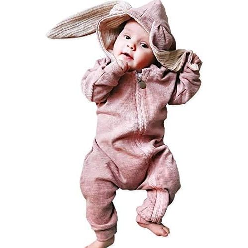 Simplee kids Animal Bunny Baby Easter Romper Long Ear Rabbit Hoodie Romper Jumpsuit with Zipper