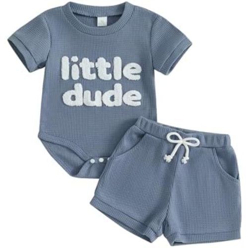Douhoow Baby Boy Summer Outfits Short Sleeve Mamas Boy Little Dude Embroidery Boy Romper Shorts Set Infant Waffle Clothes