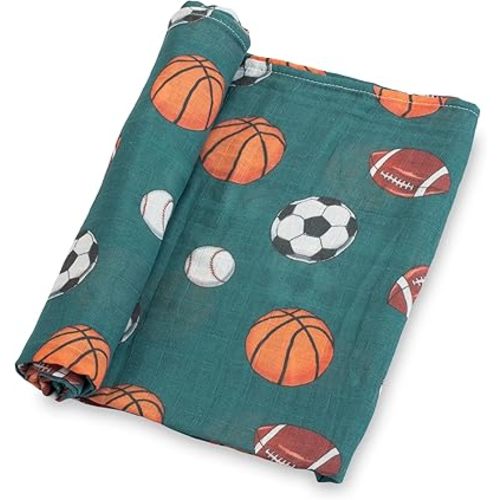 LollyBanks Muslin Swaddle Blankets, 100% Cotton Baby Swaddle Blanket for Boys, Large 47 x 47 Inches Newborn Swaddle, Soft and Breathable Baby Receiving Blankets, Registry (Sports Theme Print)