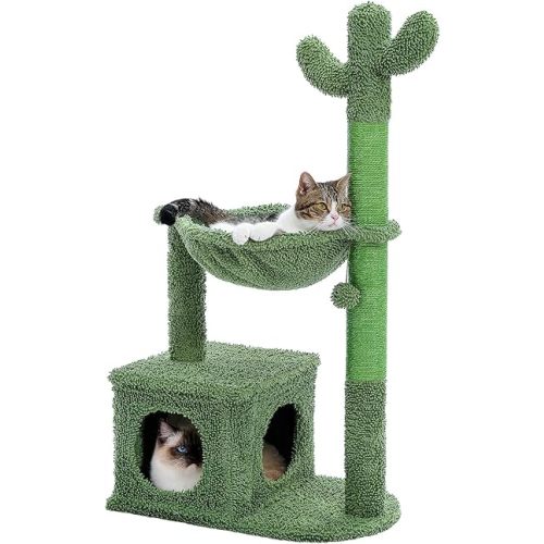 Cactus Cat Tree 40" Cat Tower with Large Metal Carpet Hammock, Cat Scratching Post for Indoor Cats with Condo& Dangling Ball, Green