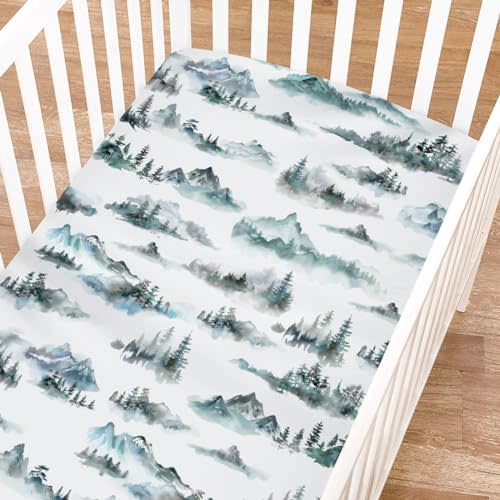 Watercolor Misty Forest Painting Fitted Baby Crib Sheets for Girl Boy 52"x28" Woodland Mountain Foggy Crib Mattress Cover Soft Breathable Baby Bed Sheet for Standard Crib and Toddler Mattress