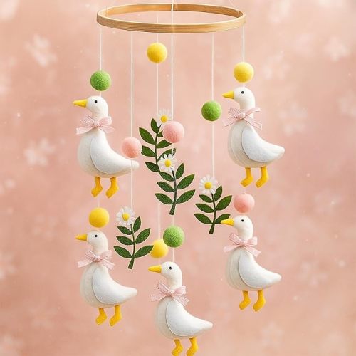 Wildflower Butterfly Baby Mobile for Crib Pink Spring Baby Room Decor Felt Nursery Mobile for Crib Neutral Wooden Handmade Hanging Decoration(Silly Goose)