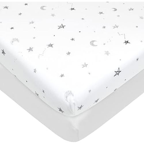 American Baby Company 2 Pack Printed 100% Natural Cotton Jersey Knit Fitted Pack N Play Playard Sheet, Gray Star and White, Soft Breathable, for Boys and Girls
