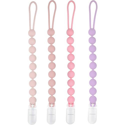 Silicone Pacifier Clip Holder, 4 Pack One Piece Soft Flexible Binky Clips Pacifier Holder Clip for Girls, baby girl newborn essentials, Teething Relief