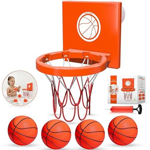Bath Toys - Bathtub Basketball Hoop for Kids, Toddlers - Suction Cup Basketball Hoop and 4 Soft and No Hole Balls - Baby & Toddler Mini Basketball Hoop - Boys & Girls