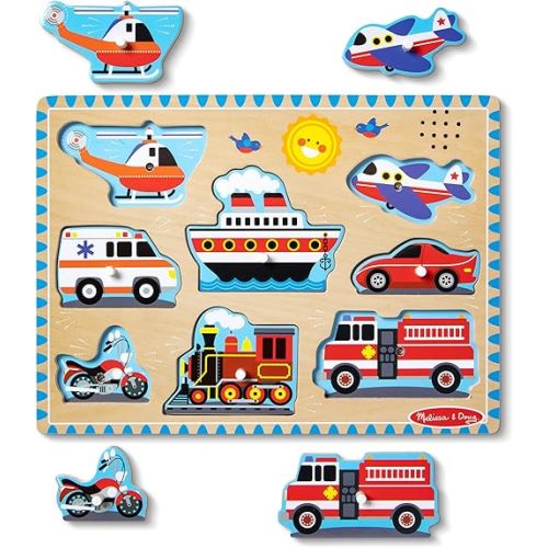 Melissa & Doug Vehicles Sound Puzzle - Wooden Peg Puzzle With Light-Activated Sound Effects (8 pcs) Puzzles for Toddlers, Wooden Puzzles For Kids Ages 2+