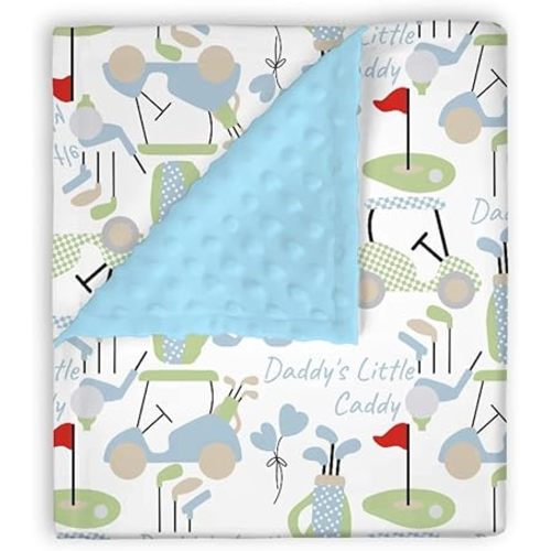 Mink Baby Boys Blankets Blue Gingham Golfing, Cute Golf Daddy's Little Caddy Soft Double Layer Dotted Backing Receiving Swaddle, Newborn Infant Toddler Nursery Crib Bedding Shower Gift 30 x 40