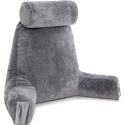 Husband Pillow Medium Dark Grey, Backrest for Kids, Teens, Petite Adults - Reading Pillows with Arms, Adjustable Loft, Plush Memory Foam, Bed Rest Chair Sitting Up, Detach Neck Roll, Removable Cover