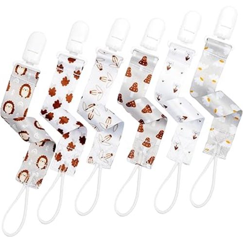 Neutral Pacifier Clip Set, 6 Pack Pacifier Holder Clip for Boys and Girls, Mushroom Hedgehog Floral Baby Binky Teethers, Baby Shower (Botanical Bliss)
