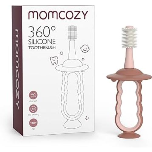 Momcozy Baby Toothbrush, 360° Toothbrush for Infant, Ultrasoft Toddler Toothbrush with Suction Base, Baby Oral Cleaner, Baby Tongue Cleaner, Pink