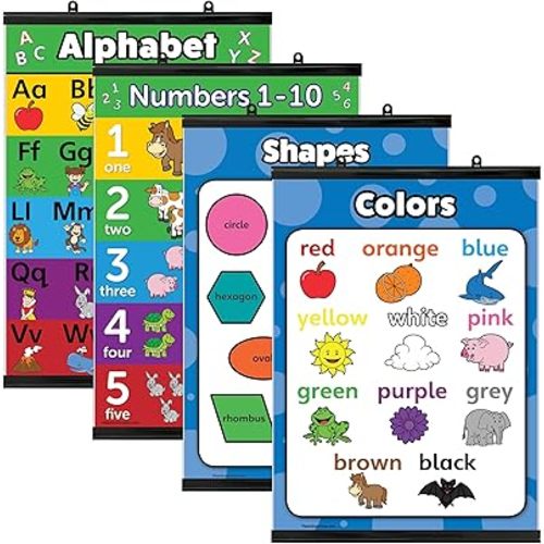 Palace Learning 4 pack - ABC Alphabet + Numbers 1-10 + Shapes + Colors Poster Set - Toddler Educational Charts (LAMINATED, 18" x 24")