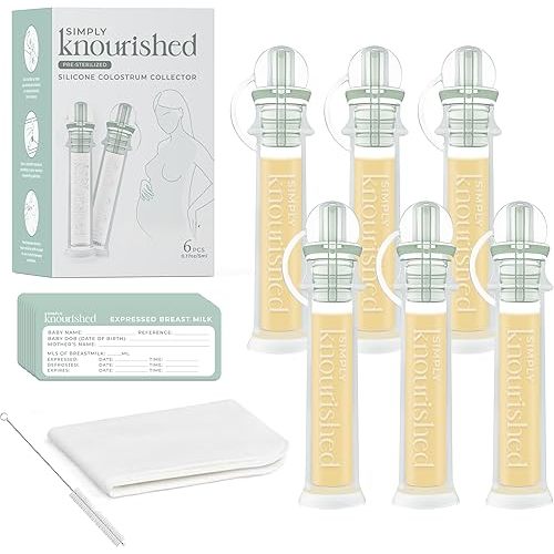 SimplyKnourished Colostrum Collector Kit 5ml/6pcs, Leakproof, Reusable Standing Breast Milk Collector, Heat & Freezer Resistant, BPA-Free, with Cotton Cloth Wipe, Storage Case, Cleaning Brush