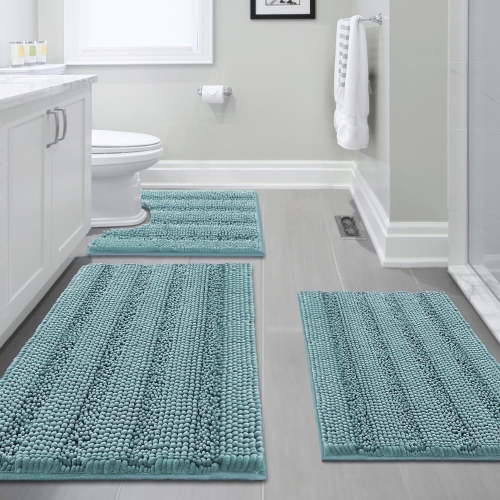 PrimeBeau 3 Piece Bathroom Rugs Sets Thick Striped Bath Rugs Set for Bathroom Non Slip Soft Absorbent Bath Mat Set for Tub, Shower and Toilet(17''x24''+20''x32''+20''x24'' U-Shaped)