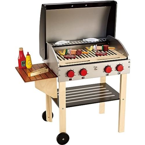 Hape Wooden Gourmet Grill and Shish Kabob| Pretend Playset Cooking Sets with Play Food for Kids