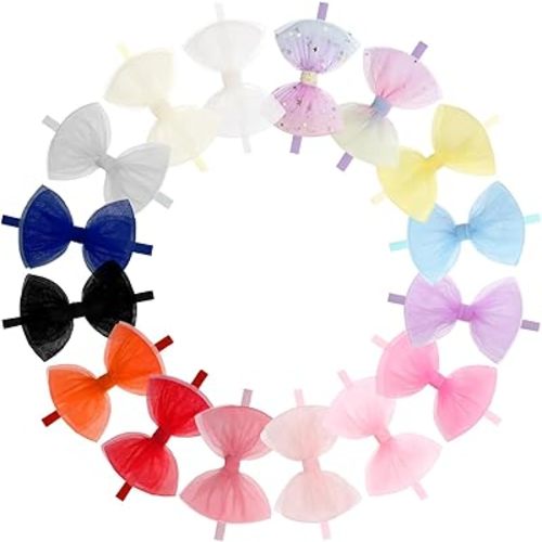 ONENINEDREAM 16 Pcs 4.5’’ Organza Lace Bow for Baby Girls Headbands Mesh Glitter Hair Bows Baby Shower Gifts for Newborn Infant Toddler Girl