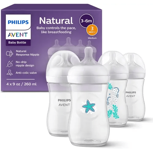 Philips Avent Natural Baby Bottles with Natural Response Nipples (Medium Flow, Flow 3), with Seahorse and Starfish Design, 9oz, 4-Pack, SCY903/68
