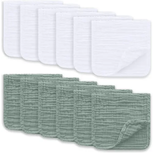 Muslin Burp Cloths Large 100% Cotton Hand Washcloths for Boys & Girls, Baby Essentials Extra Absorbent and Soft Burping Rags for Newborn Registry (White & Green, 12-Pack, 20" X10")