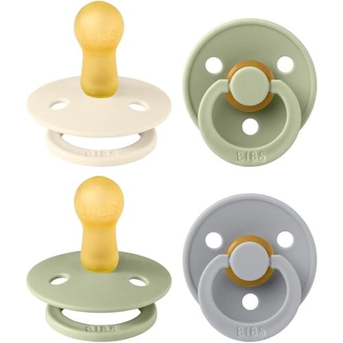 BIBS Colour Soother 4-Pack | BPA Free Dummy Pacifier | Round Nipple | Natural Rubber Latex | Made in Denmark | Size 6-18 Months | Sage Mix