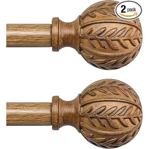 2 Pack Boho Wood Curtain Rods for Windows 28 to 48 inch,1" Adjustable Heavy Duty Window Curtain Rod with Imitation Wood Grain Finials,Rustic Decorative Drapery Rods Set 18-60'',Natural Wood