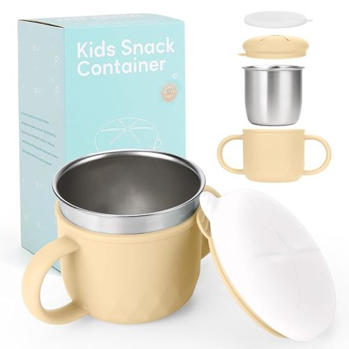 Toddler Snack Containers Stainless Steel Spill-Proof Snack Containers for Toddlers with Spill-Proof Silicone Lids and Handles 4-in-1 Baby Snack Cup is Dishwasher Safe for Easy use On The Go（Yellow）
