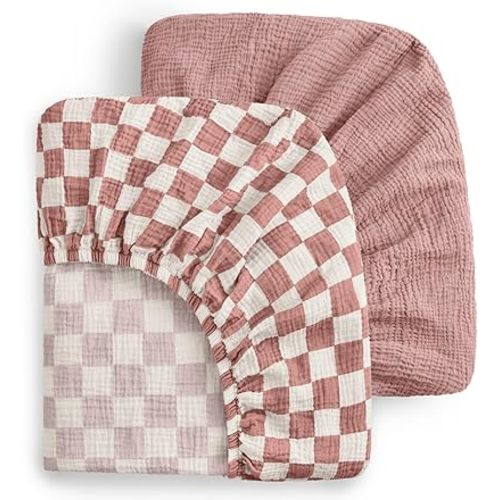 Blissful Diary Muslin Mini Crib Sheets, Pack and Play Mattress Sheets Fitted for Pack N Play, Soft Cotton for Boys Girls, 2 Pack(Dusty Pink Checkboard & Dusty Pink)