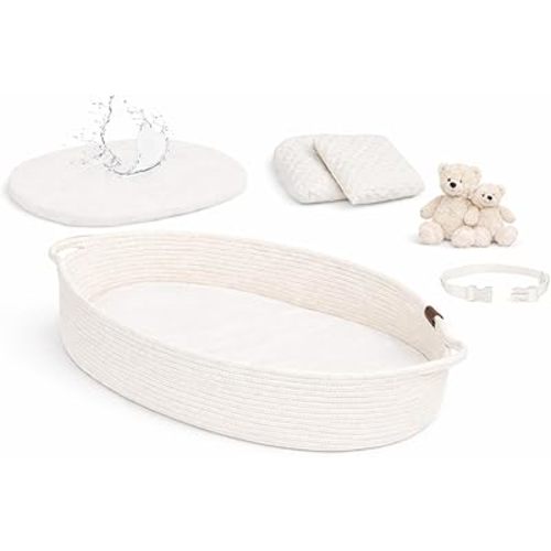 Baby Changing Basket with Waterproof Pad, Premium Cotton Rope Foldable Diaper Changing Mat for Dresser & Table, Breathable Moses Style Basket for Newborns, Nursery Decor with Safety Belt