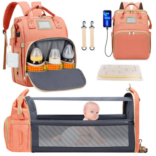 Diaper Bag Backpack, Multifunctional Baby Diaper Bag with Changing Station, Large Capacity Travel Backpack with Insulated Milk Bottle Pocket&Foldable Crib, USB Charging Port(Pink)