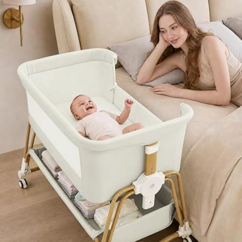 4-in-1 Baby Bassinet, Portable Bassinet Bedside Sleeper with Wheels and Storage Basket, 7 Height Adjustable Breathable Mesh Rocking Bassinet with Mosquito Net for Newborn-Cream White
