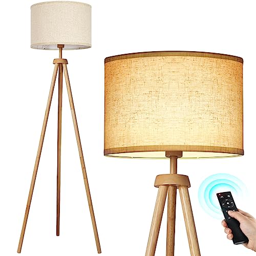OUTON Tripod Floor Lamp, Floor Lamp with Remote Control, 4 Color Temperature, Modern Dimmable Tall Standing Lamp with Beige Linen Texture Shade for Living Room, Bedroom, Office (Nature Wood)