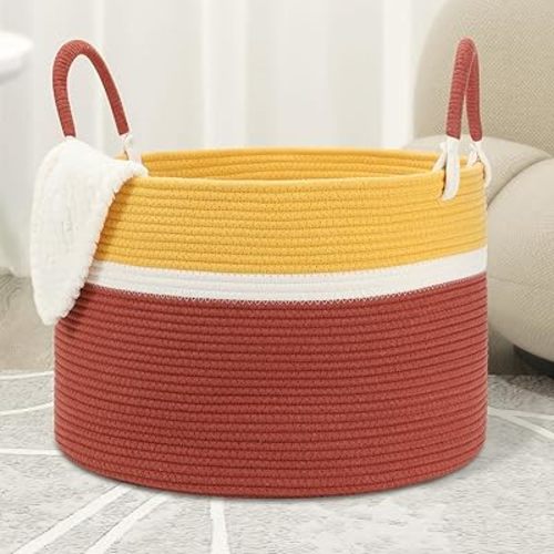 Large Blanket Basket (20"x13"), Woven Rope Storage Basket for Blankets, Clothes & Laundry - Living Room, Nursery, Bedroom (Yellow/Brown)