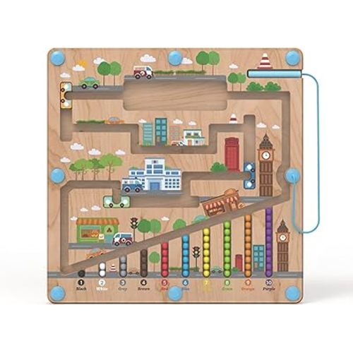 Magnetic Color and Number Maze Board, Toddler Montessori Educational Learning Toys for Kids Ages 3-5, Wooden Sensory Fine Motor Skills Toys for Boys and Girls Birthday Christmas (City)