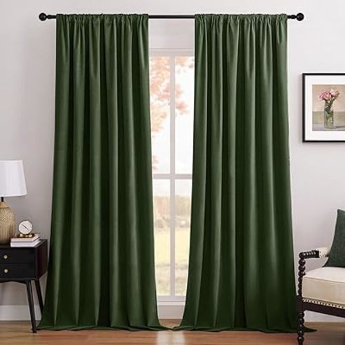 Joydeco Olive Green 100% Blackout Curtains 84 Inch 2 Panels, Luxury Thermal Green Velvet Curtains for Bedroom Living Room, Soundproof Blackout Window Drapes, Rod Pocket & Back Tab (52W x 84L)