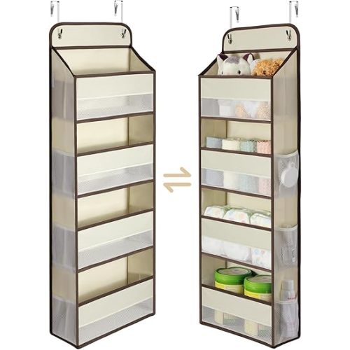 Yecaye 1 Pack Over the Door Storage Organizer, 35.2lbs Load Closet Door Organizer Hanging, No Sagging Bathroom Organizer with 4 Bins 6 Side Pockets, Door Storage for Nursery Baby Essentials, Beige