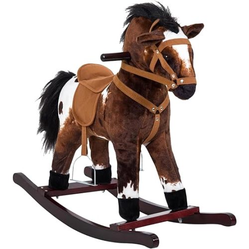 Qaba Kids Wooden Plush Ride-On Rocking Horse Chair Toy with Realistic Sounds Dark Brown/White