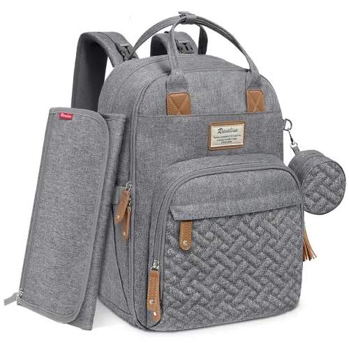 RUVALINO Diaper Bag Backpack, Multifunction Travel Pack Maternity Baby Changing Bags, Large Capacity, Waterproof, Gray