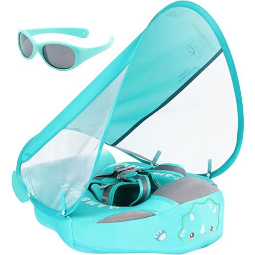 Mambobaby Newest Non Inflatable Baby Float Size Improved Add Tail Avoid Flip Over Swim Trainer Solid Infant Pool Float with Canopy UPF 50+ Swim Ring - green CF