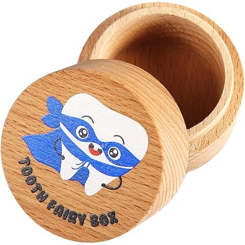 Tooth Fairy Box, Colored Tooth Box for Boys Cute Wooden Tooth Fairy Keepsake Lost Teeth Holder to Put Under Pillow for Birthday Baby Shower