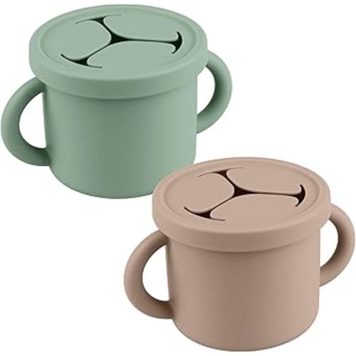 Snack Containers for Toddlers, Kids - 2 Pack Food Grade Silicone Snack Cups with Grip Handle (Natural/Sage)