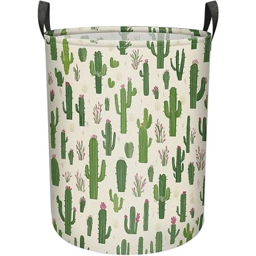Green Cactus Laundry Basket Foldable with Handles, Waterproof Oxford Cloth Laundry Hamper Clothes Storage Bucket Toy Organizer for Home Bathroom Bedroom Dorm Nursery 19.7" X 15.7" - Large