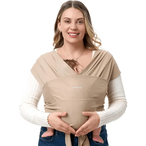 Momcozy Baby Wrap Carrier - Easy to Wear Infant Carrier Slings, Lightweight Hands Free Baby Sling, Adjustable Baby Carriers for Newborn to Toddler 8-35 lbs, Baby Wraps Carrier, Light Curry
