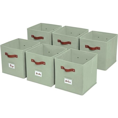 DECOMOMO Storage Bins | Cube Storage Bin with Label Holders, Fabric Storage Cubes for Organizing Shelves Closet Toy Clothes (10.5" x 11" / 6pcs, Sage Green)