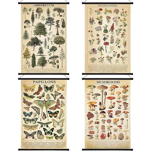 Lewtemi 4 Pcs Vintage Mushroom Wildflowers Poster Fungus Butterfly Tree Wall Hanging Prints Illustrative Reference Chart Poster for Classroom Living Room Decor, 15.7 x 23.6 Inch