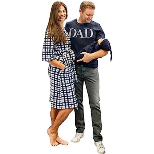 Baby Be Mine Maternity Nursing Delivery Robe & Baby Girl Swaddle Blanket Set with Daddy T-Shirt (Large/X-Large Robe -Large Tshirt, BlueGingham/Blue)
