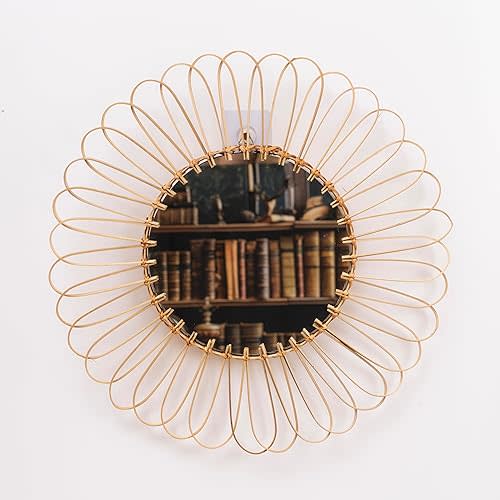 Bamboo Wall Mounted Mirror | Flower Wicker Rattan Decorative Mirrors for Living Room Bedroom Nursery Room Office (17.7 Inches)