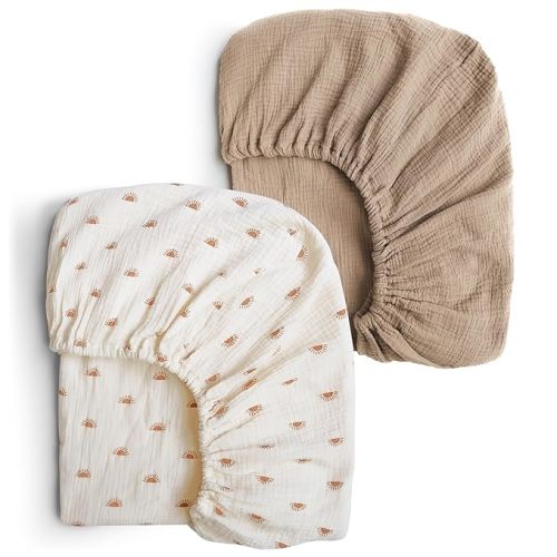 Konssy 2 PCS Muslin Fitted Crib Sheets 100% Cotton Baby Crib Sheets for Standard Crib Mattress (28 X 52 Inches), Soft and Breathable for Boys, Girls - Camel, Sun