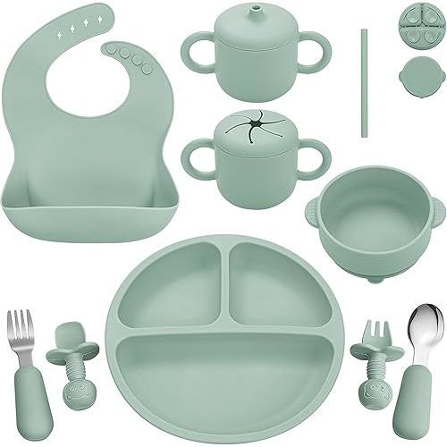 Silicone Baby Feeding Set, Baby Led Weaning Supplies, Eating Essentials Utensils with Suction Plate and Bowl, Pocket Bib, Sippy Cup with Lid, Forks Spoons Snack Container, for 6+ Months, Green